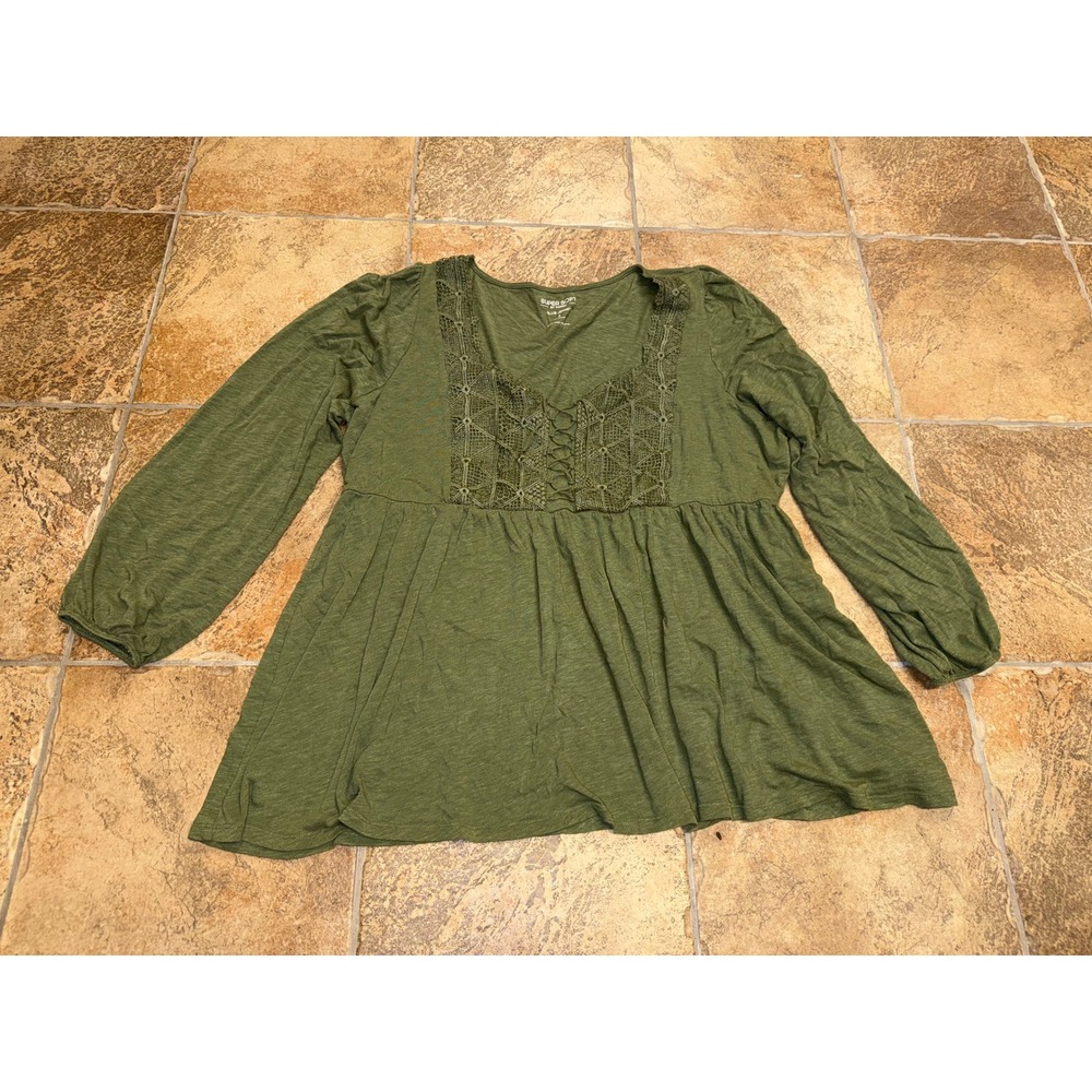 Torrid Super Soft Olive Green Crochet Lace Up Babydoll Slub Jersey Top Size 2